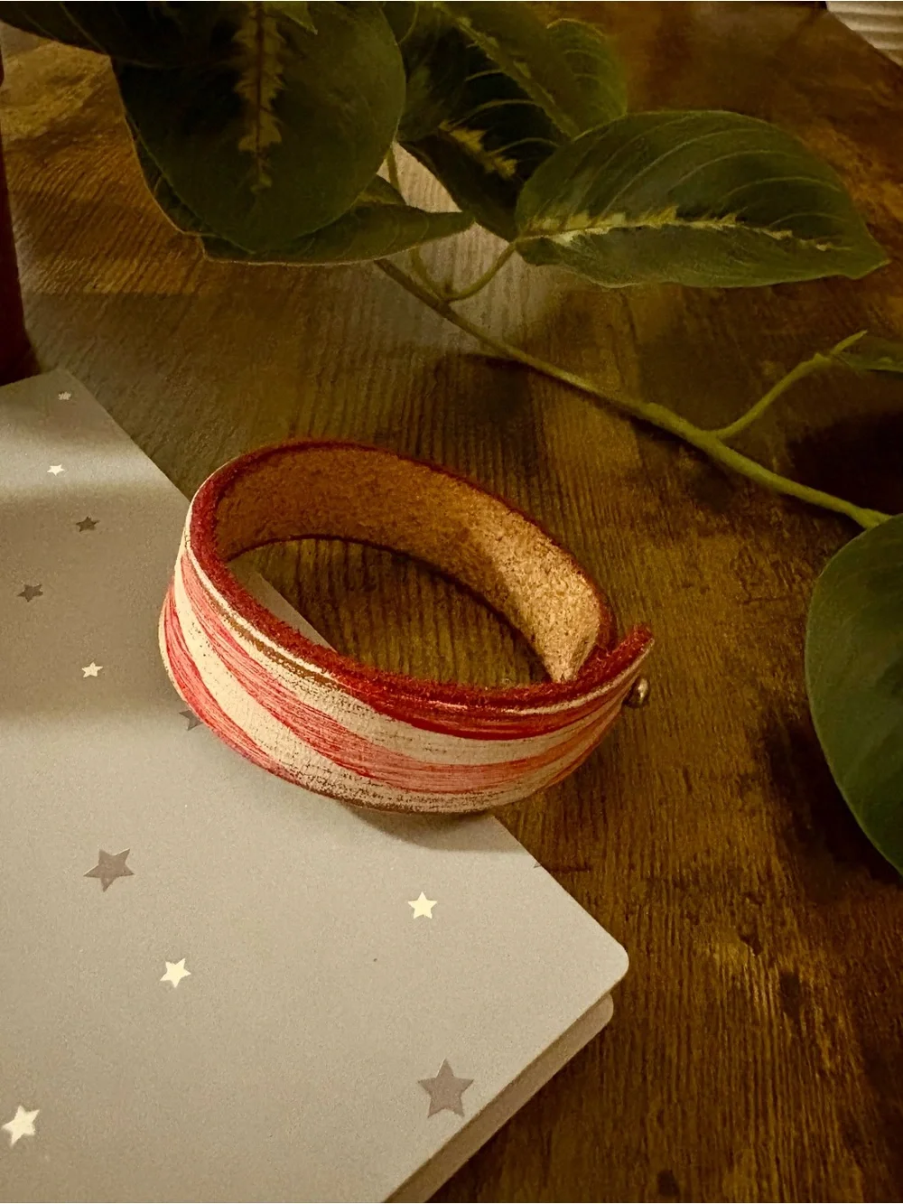 USA Embroidered Leather Cuff Bracelet - Red & Cream
